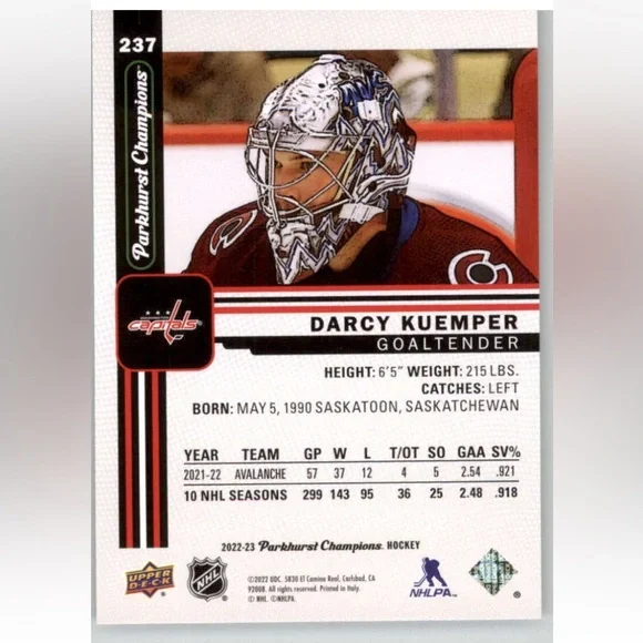 Darcy Kuemper 2022/23 Parkhurst Silver Colorado Avalanche Hockey Card - Picture 2 of 2